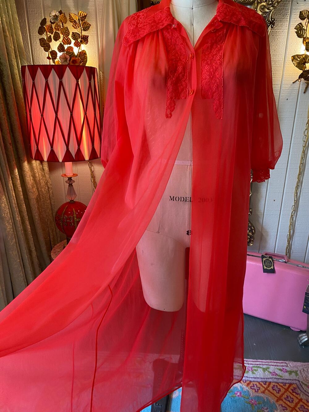 vintage 1960s sheer red chiffon dressing gown, 60s peignoir robe, pin up boudior
